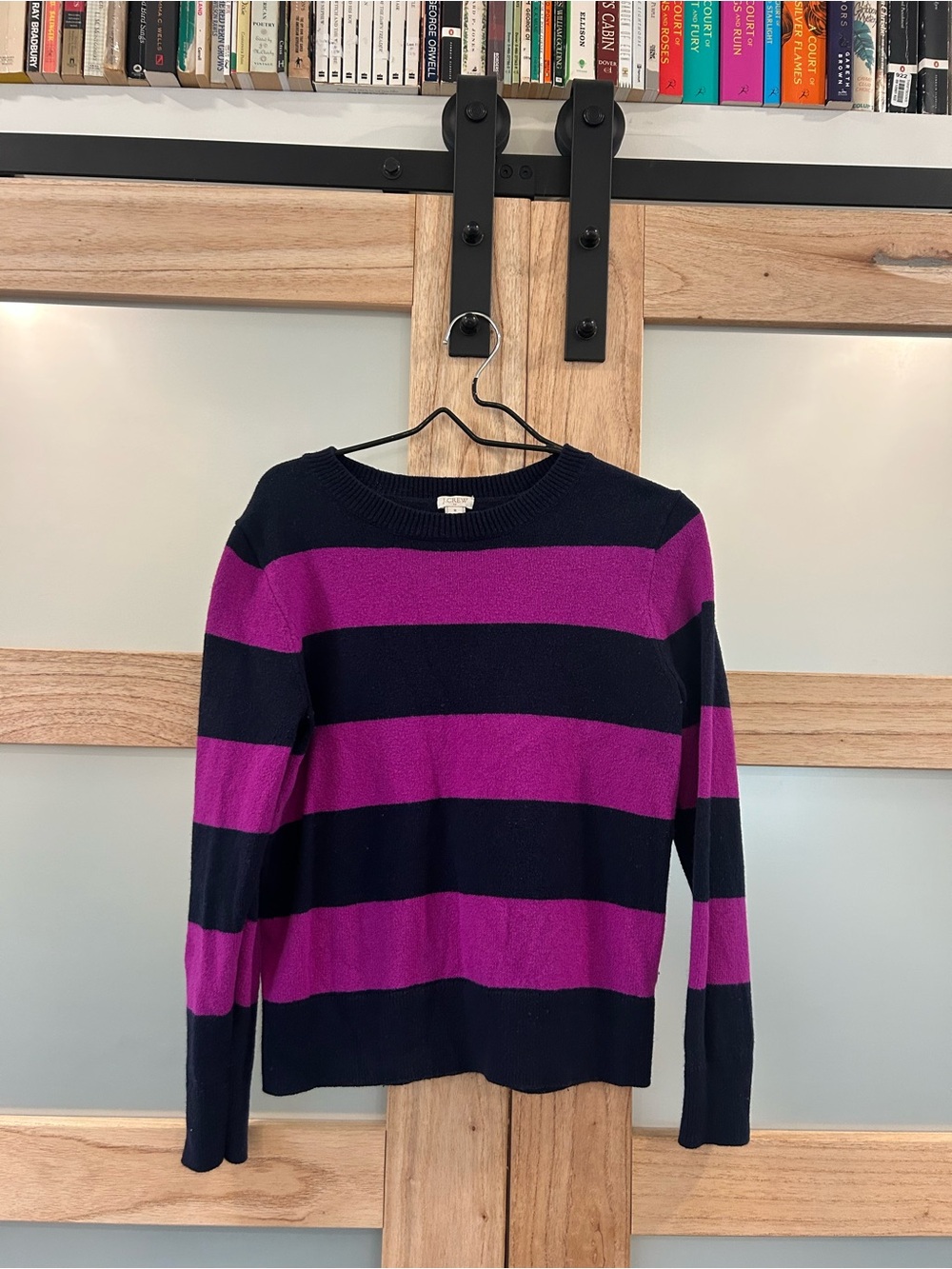 💙💜 J CREW purple and navy striped sweater
